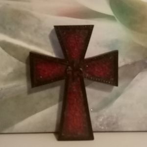 Vintage Wooden and Ruby Glass Cross